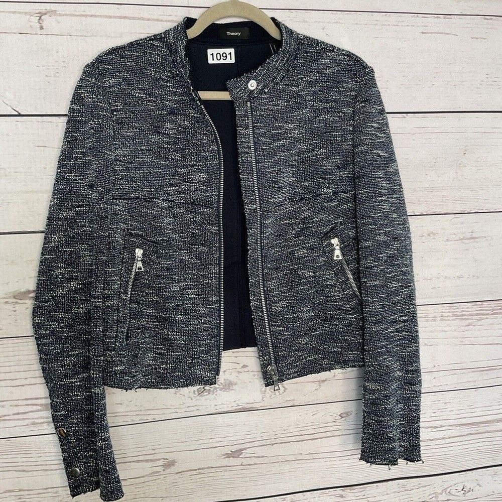 Theory Bavewick Branson Blue Tweed Raw Hem Full Zip Moto Jacket Women M Vietnam